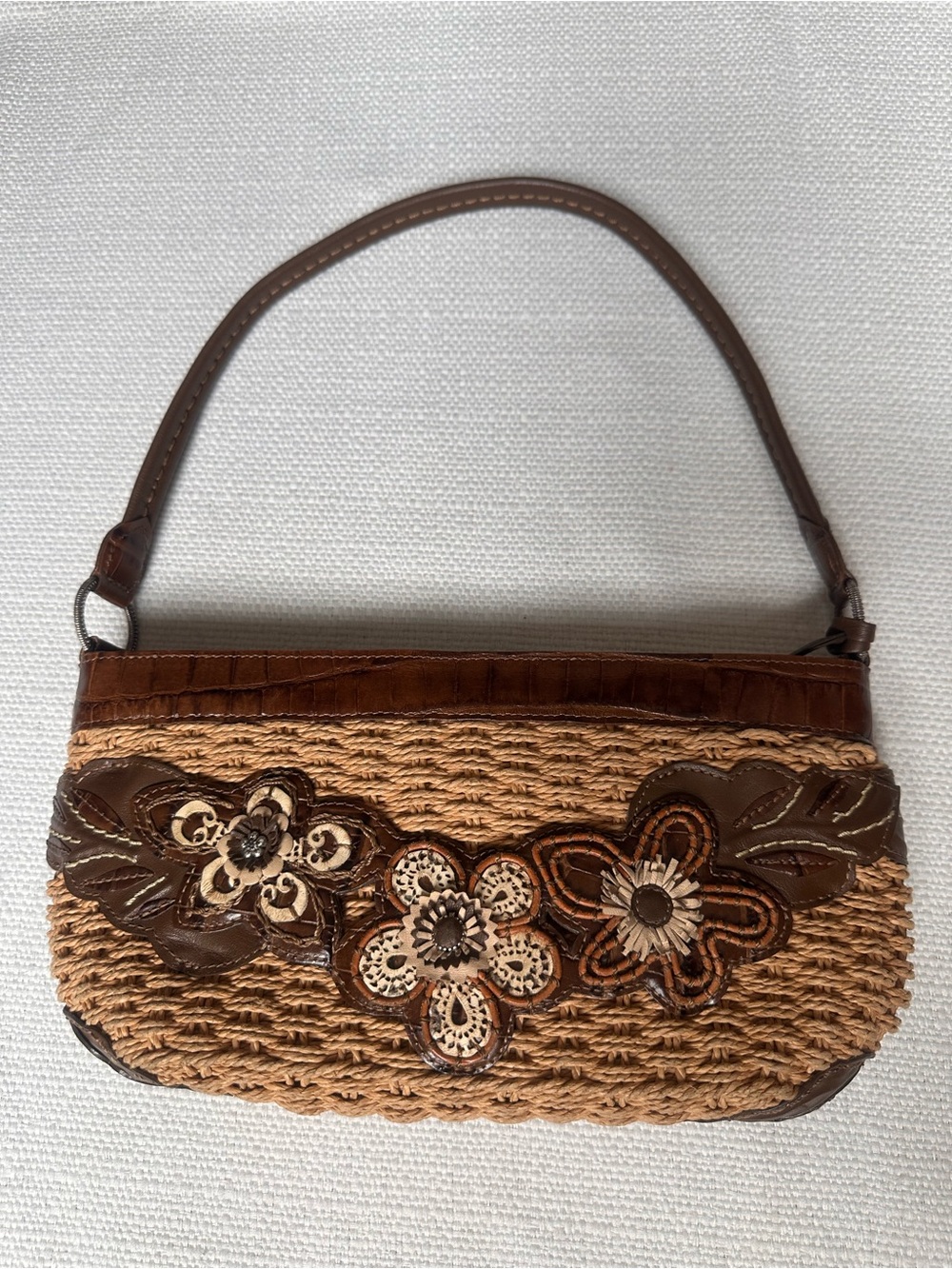 Brighton Brown Straw Floral Appliqué Shoulder Bag